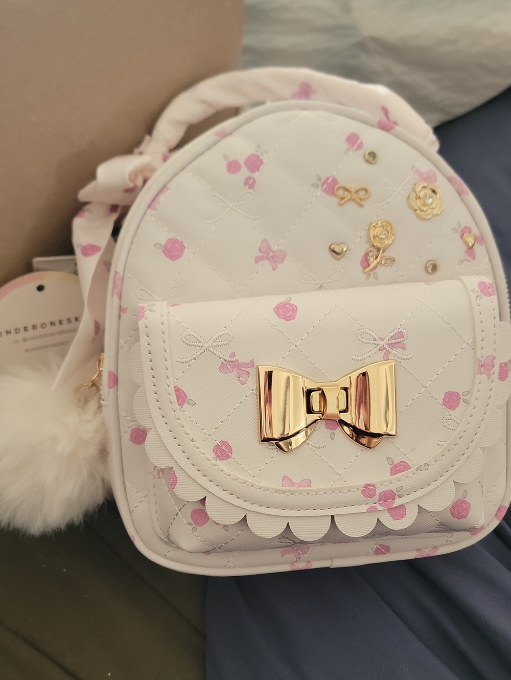 Under One Sky White & Pink Mini Kids Backpack with Gold Bow